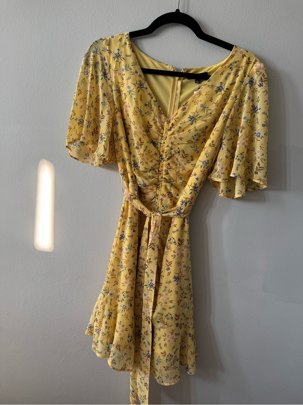 Yellow Floral Wrap Dress with Flutter Sleeves